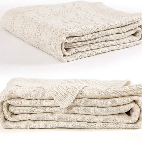 Cream White Knit Cable Knit Weave Pattern Decorative Bed Warm Accent Blanket - Picture 5 of 8